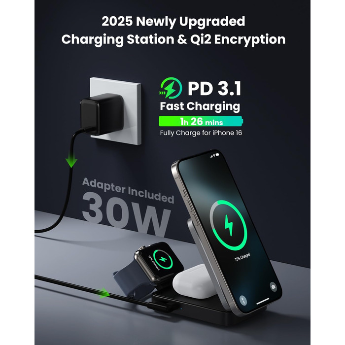 Багатофункціональна бездротова зарядка 3 в 1 з MagSafe для iPhone та Apple Watch, AirPods (білий/чорний)