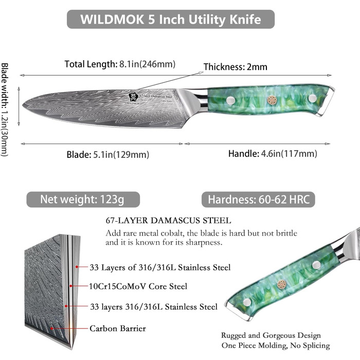 Кухонний ніж WILDMOK 12см з японської сталі VG-10, Damaskus, ергономічна ручка, подарункова коробка