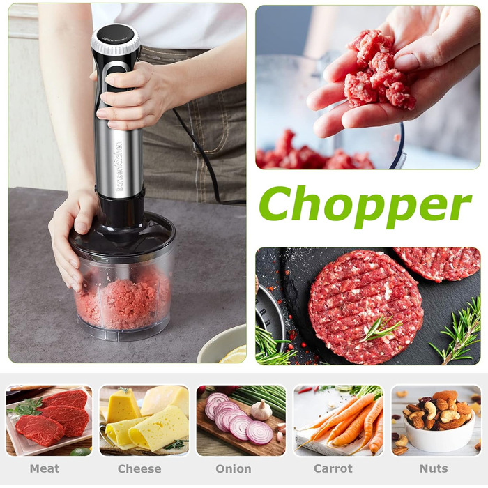 Bonsenkitchen Immersion Blender, 4-in-1 Electric Stick Blender, 1000W Variable Speeds, Stainless Steel, Whisk, 500ml Chopper and 700ml Measuring Cup for Baby Food, HB3203 (Black)