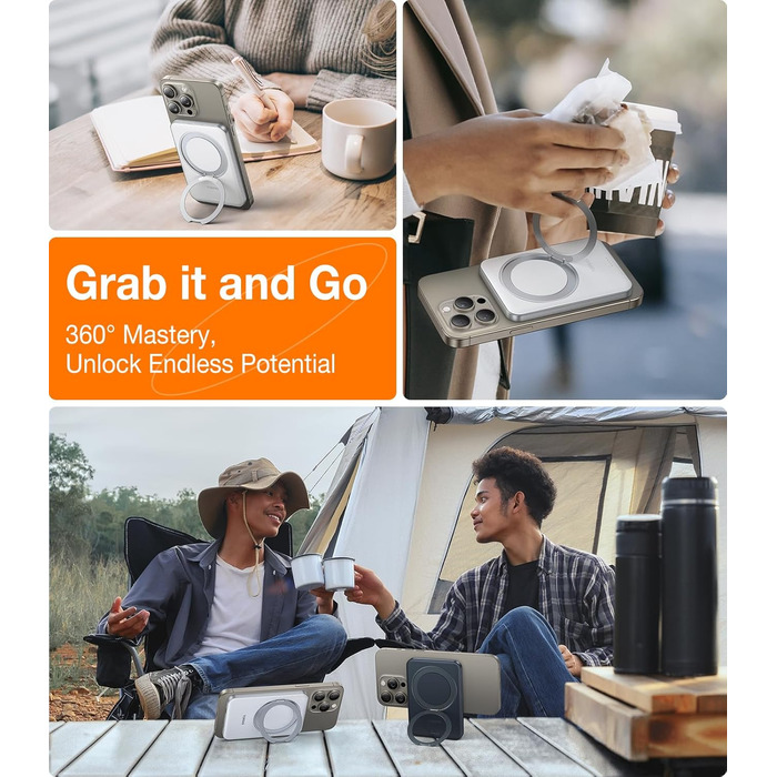 Power Bank TORRAS 5000mAh з MagSafe та кільцем для iPhone 16/15/14/13/12. Бездротовий, USB-C, чорний