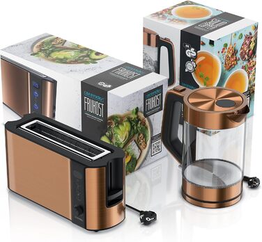 Набір чайник та тостер Arendo Edelstahl Kupfer, 1.7л, 2200W, з підігрівом, 2 Scheiben, 1000W, з підставкою для булок