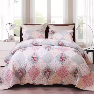 DECMAY Daybed Cover 220x240 cm, Bedding Floral Patchwork Blanket Bedspread, 3 Piece Bedspread Microfiber Daybed Cover with 2 Pillowcases 50x70 cm, for Daybed Sofa 220x240cm Pink