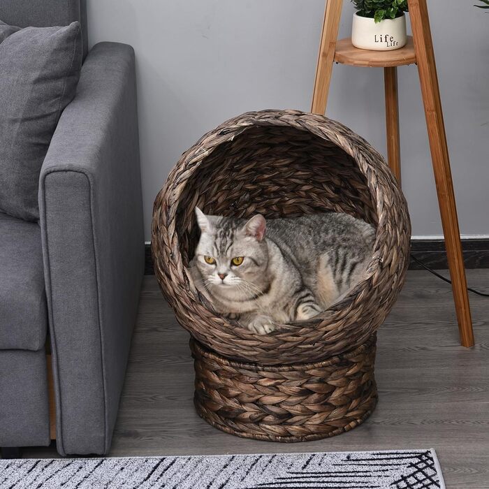 PawHut Rattan Cat Basket Cat Cave Cat House Cat Bed with Cushion Pet Bed Water Hyacinth 42 x 33 x 52 cm (50L x 42W x 60H cm, Coffee)
