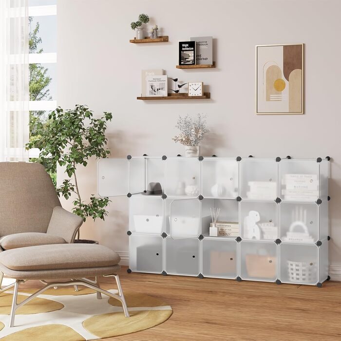 WOLTU Cube Shelf, Storage System, 15 Cubes, DIY Cube Shelf, Modular PP Panels, as Wardrobe, Shoe Shelf, Room Divider, for Living Room, Bedroom, Hallway, White