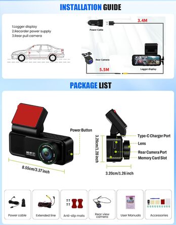 Відеореєстратор CAMECHO 4K Dual (передній + задній) з GPS, WiFi, ADAS, BSD, LCA, нічна зйомка, 150° кут огляду, IPS 3.16
