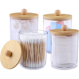 Організатор для ватних дисків та паличок: прозорий контейнер з бамбуковою кришкою (4 шт.)