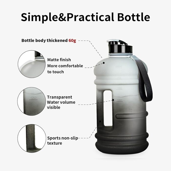 TOOFEEL Water Bottle 2L - 2 Liter Water Bottle BPA Free, Large Bottle, Reusable Sport Water Bottle with Measurements Marked, Gym Water Bottle - Black and White