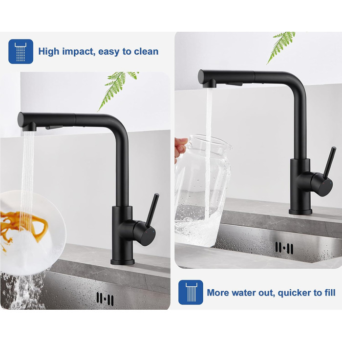 Висувна кухонна змішувач з душем, 360° поворот, кухонна арматура з двома режимами струменя, з нержавіючої сталі, чорний, з висувною насадкою