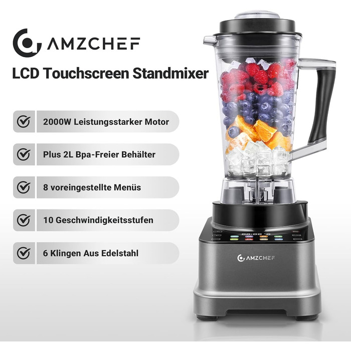 AMZCHEF 8-in-1 Multi Stand Mixer with Auto-IQ | 2000W High-Performance Mixer with LCD Touchscreen | 2L Blender with 8 Smart Menus and 10 Speeds for the Kitchen | Gray 25.6 x 20.1 x 47.6 cm Gray