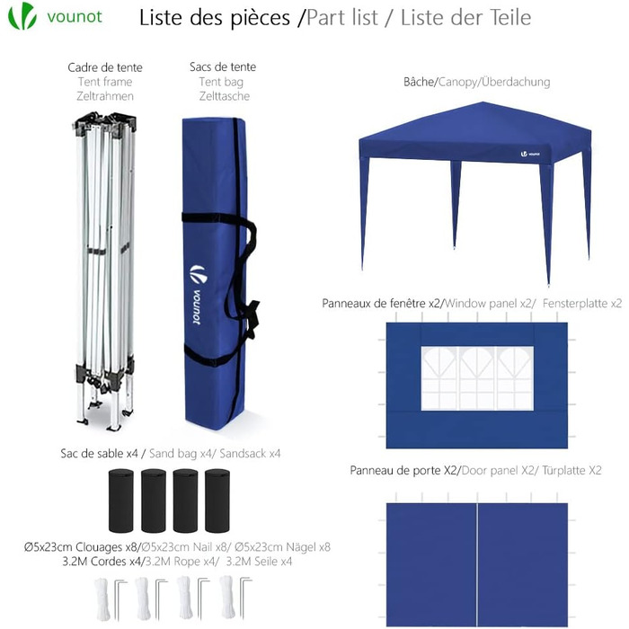 VOUNOT® Pavilion 3x3m with 4 Side Walls & 4 Sandbags, Pop-Up Folding Pavilion, Foldable Garden Tent Party Tent, including Bag, Grey (Blue+4 Side Walls)