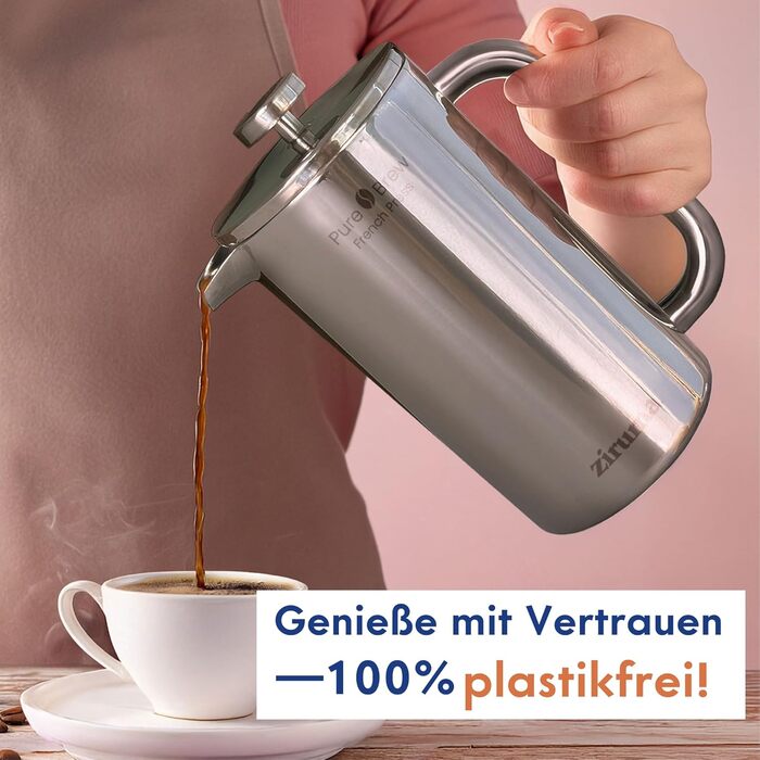 Френч-прес Ziruma 1 літр: нетоксичний, з нержавіючої сталі, з подвійними стінками та термосистемою
