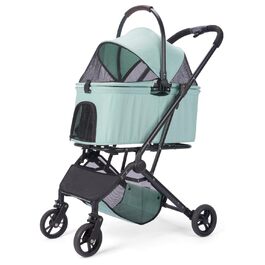 Візок для собак 2-в-1 з віднімним кошиком, складний візок для цуценят та котів, 4 колеса з кишенькою для зберігання, візок для домашніх тварин з поворотними передніми колесами на 360°, для подорожей на відкритому повітрі (Блакитно-зелений)