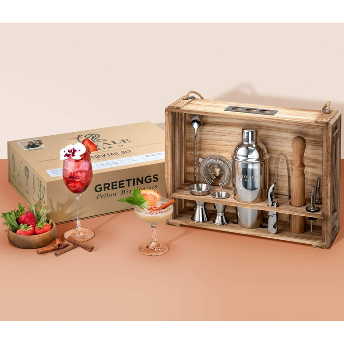 Набір бармена Mixology з підставкою та 25 рецептами коктейлів, сріблястий, в дерев'яній коробці - професійний набір для приготування коктейлів