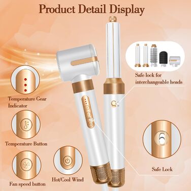 Фен-щітка Air Styler 7 в 1: 7 насадок для укладки волосся, включаючи щітку, плойку, насадку для локонів, диффузор та концентрат, для дому та подорожей (білий)