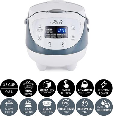 Yum Asia Panda Mini Rice Cooker with Ninja Ceramic Bowl and Advanced Fuzzy Logic (3.5 Cups, 0.63 Liters) 4 Rice Functions, 4 Multicooker Functions, 220–240V White / Grey