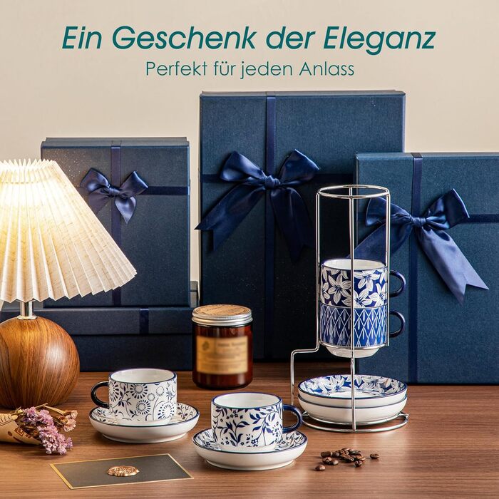 Набір чашок для еспресо Vancasso Selene, 4 шт. - порцелянові чашки з блюдцем та підставкою для капучино, лате, чаю (9.6 x 5.6 см)