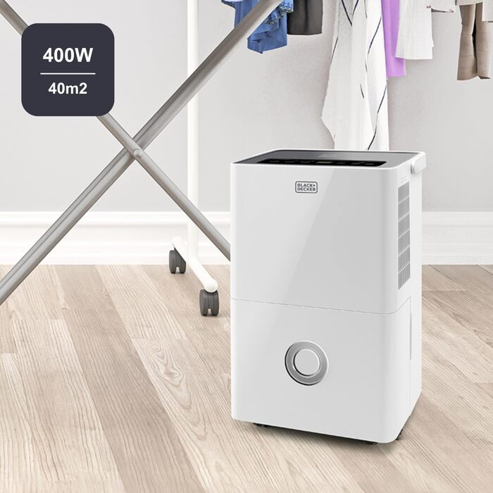 Зволожувач повітря BLACK+DECKER BXDH12E, 12 л/24 год, функція сушіння, 2 швидкості, 1.8 л резервуар, програмування 24 год, знімний та миючий фільтр, до 25 м2, тихий (20 л/день)