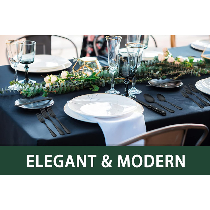 Чорний столовий набір приладів: 24 ложки, виделки, ножі (набір на 4 персони), нержавіюча сталь, дзеркальне покриття, для дому та ресторану