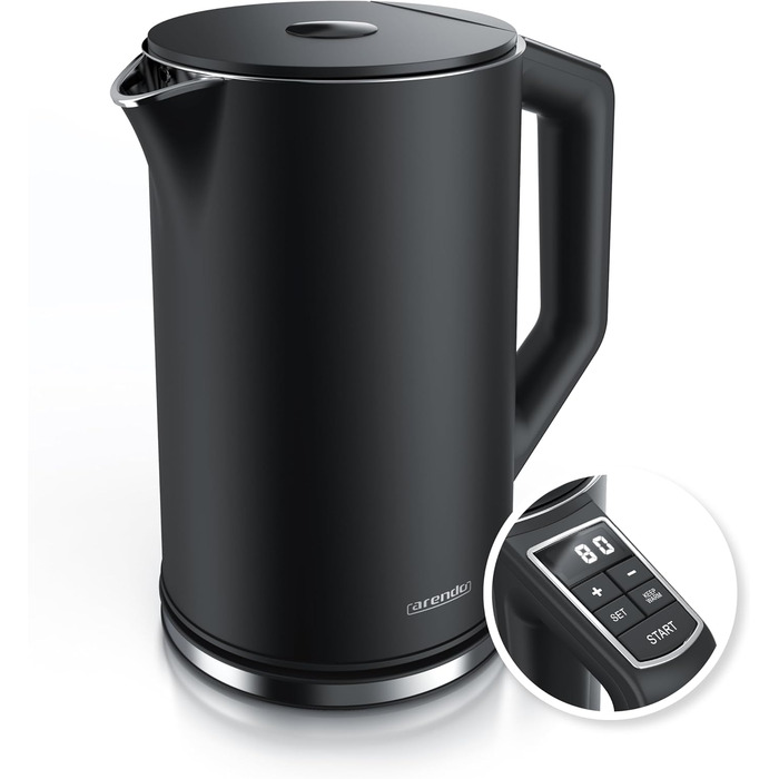 Arendo - Stainless Steel Kettle with Temperature Setting 40-100 Degrees in 5-Degree Increments - Double-Walled Design - Model ELEGANT - 1.5 Liter - 2200 W - Tea Kettle with Temperature Indicator - GS - Black