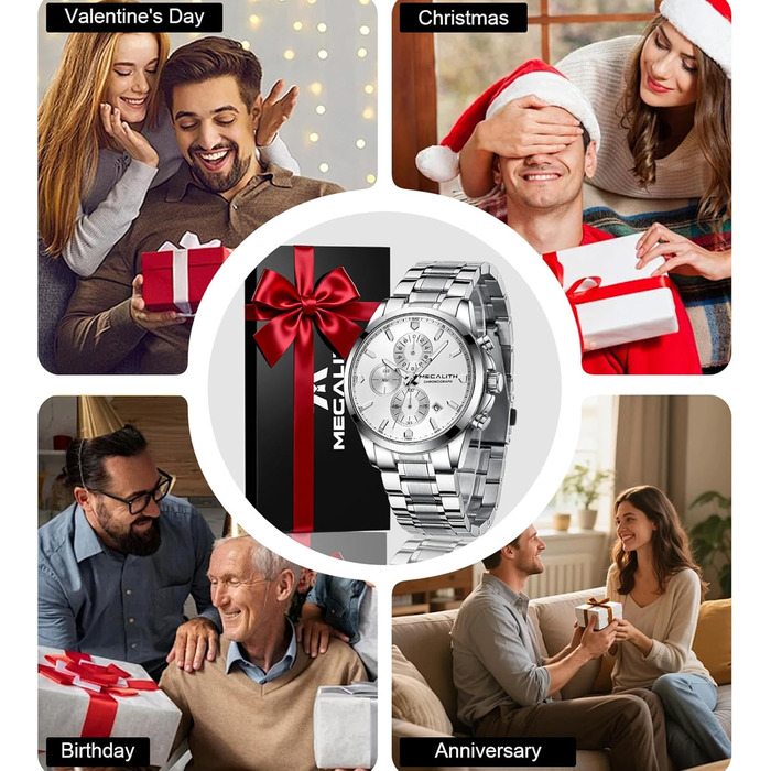 MEGALITH Чоловічий годинник з нержавіючої сталі, Хронограф, Водостійкий, Аналоговий годинник для чоловіків, Бізнес-дизайн, Календар, Світіння (B-silver)