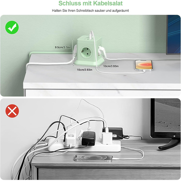 Мережевий адаптер FDTEK 7-в-1 з USB-C та USB-A, 4 розетки, 2500W/10A, куб з вимикачем, 1.8м кабель