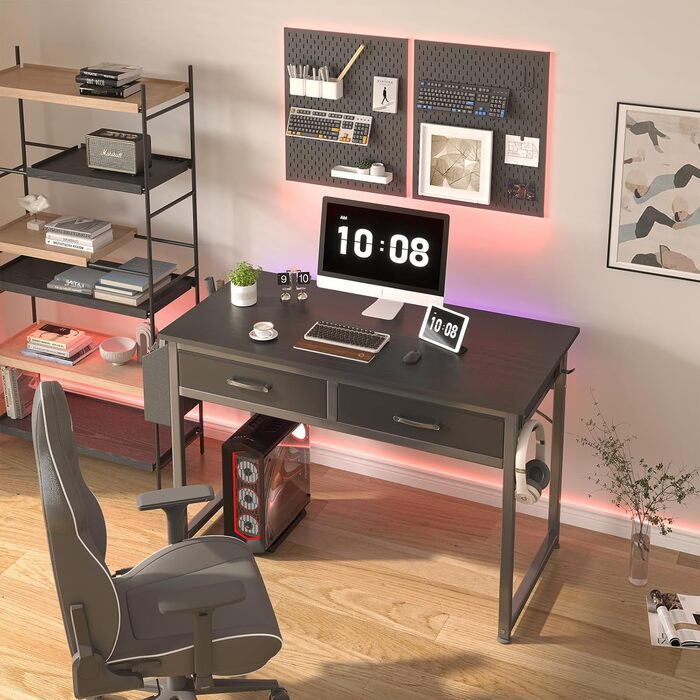 Small Black Computer Desk with Fabric Drawers - Home Office & Gaming - 39.4 inch