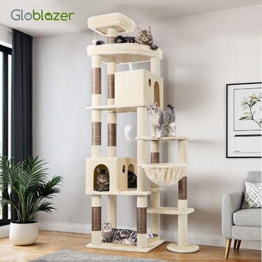 Драбина для котів Globlazer XXL (213 см) з будиночком, платформою та корзиною. Стабільна котяча драбина для великих котів, Мейн-кунів. Бежевий колір.