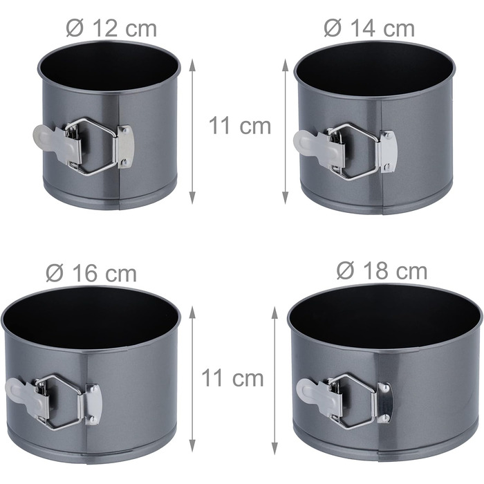 Набір форм для випічки Relaxdays, 4 шт., Ø 12-18 см, сталь вуглецева, антипригарне покриття, круглі, антрацит