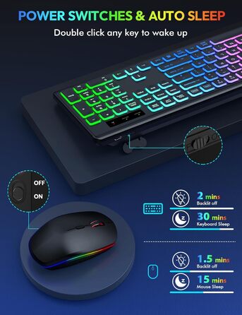 Бездротова клавіатура та миша з підсвічуванням, USB-C, тиха, для Mac/Windows/PC/Laptop - Чорний, QWERTY