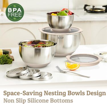 Набір мисок Deedro з прозорим кришкою (5 шт.) - 4.7L, 2.8L, 1.9L, 1.4L, 0.63L. Миски для салатів, приготування їжі, з нержавіючої сталі, бежеві. Нековзкі, стікні, миються в посудомийній машині, з терткою.