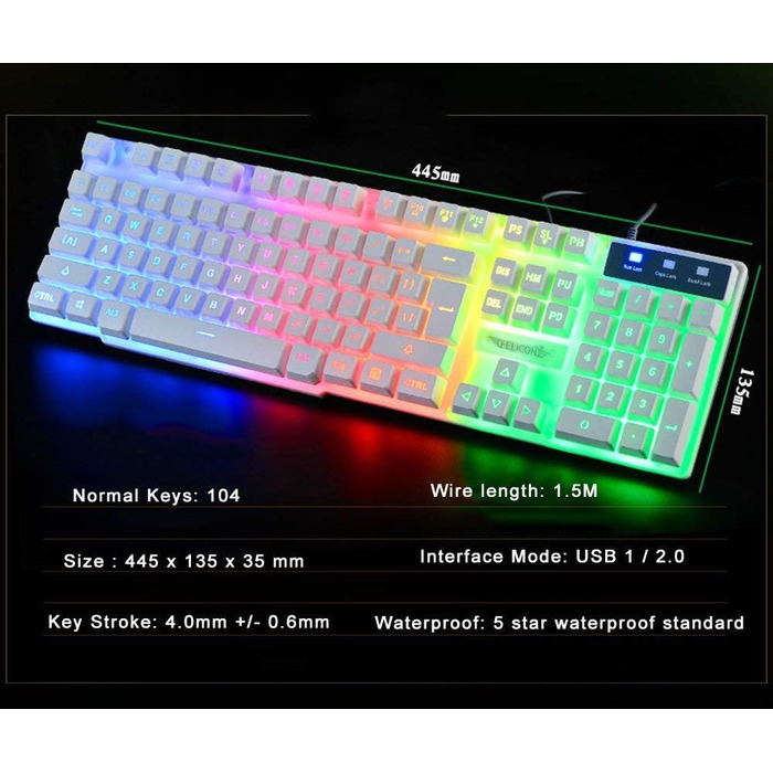 Ігровий набір клавіатури та миші UK-Layout 4-в-1 з підсвічуванням Rainbow, миша 2400 DPI, навушники, килимок для миші, для ПК (K&M-White)