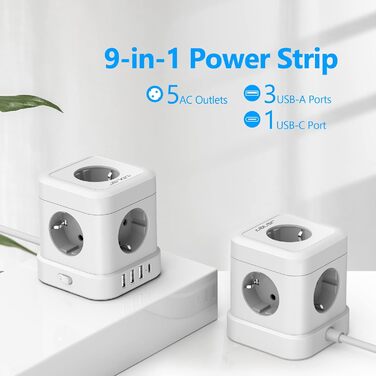 Сетевой фильтр JSVER Cube 5-портовый с USB, кубический сетевой фильтр (3680W 16A) с 4 USB-зарядками (17W), для столу, офиса, дома или в поездку, 2м кабель, белый