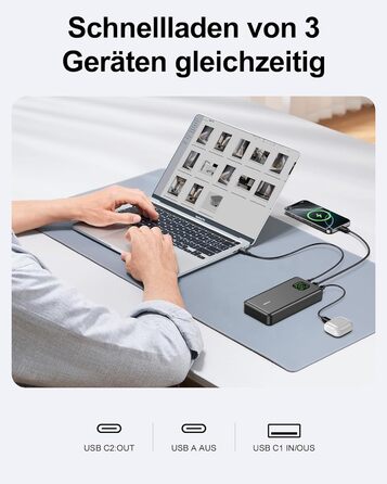 Power Bank 65W 25000mAh Klein Aber Stark для ноутбука та iPhone/iPad: портативний акумулятор з LED дисплеєм, USB-C, сірий