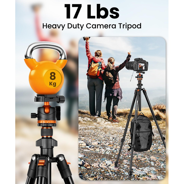Штатив для камери JOILCAN з алюмінію, 168 см, міцний туристичний штатив з поворотним голковим кріпленням 360° та тримачем для телефону, вантажопідйомність 8 кг, для DSLR Canon Nikon Sony, штатив для iPhone/Smartphone