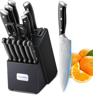 VINATO 14-Piece Knife Block Set with Sharpener - Damascus Pattern Kitchen Knife Set (Matte Black)