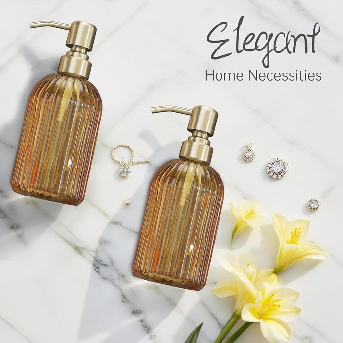 Дозатор для мила з бурштинового скла, 473 мл, з бурштиновими смугами, з помпа золотого кольору, для ванної кімнати та кухні