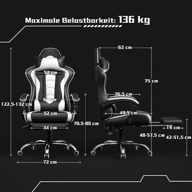 Ігрове крісло Yaheetech з масажем, підставкою для ніг, ергономічне, регульована спинка 90-135°, біле, комп'ютерне крісло для геймерів та офісу
