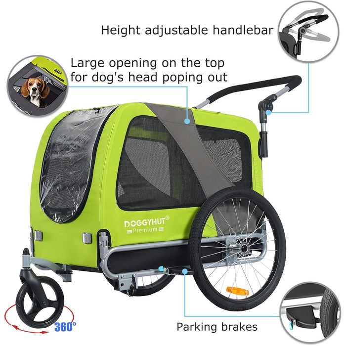 DOGGYHUT® Преміум великий велосипедний причіп для собак 2 в 1 / Візок-бігунок для собак / Причіп для собак великого розміру, 270 літрів, для собак середніх та великих порід до 35 кг (зелений / чорний)