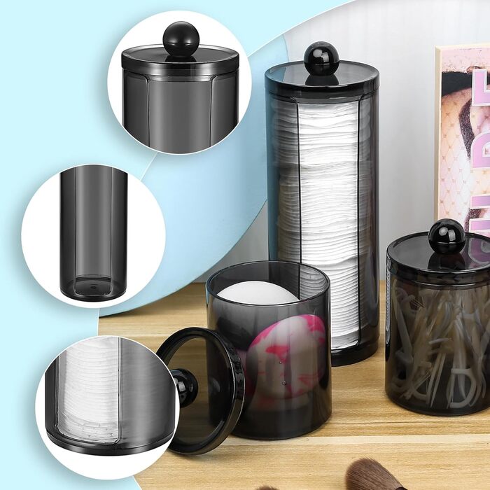 Організатор для косметики Gomoeny: 3 тримачі для ватних паличок, чорні аптекарські склянки для ванної кімнати, для ватних паличок, круглі ватні диски, вати, спонжів для макіяжу, пінцетів (B)