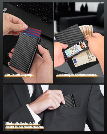 Чоловіче картхолдер/портмоне: тонкий дизайн, RFID захист, відділення для монет, віконце для ID, карбоновий чорний колір