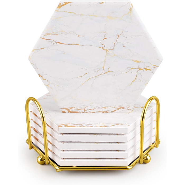 Marble-Style Coasters, Set of 6 - Drink Coasters for Wood Table with Metal Holder - Gold-Colored Ceramic Cup Set - Rustic Home Decor, Room Decor, Party (Luxury White-Gold Marble 01)