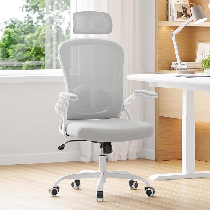 Ергономічне крісло Farini з регулюванням висоти, для офісу та дому, з підголівником, комп'ютерне крісло, 150 кг, на роликах (сірий/білий)