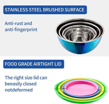 Набір змішувальних мисок Onlycooker Rainbow з кришкою, 18/10 нержавіюча сталь, 4 шт., 1.5, 2.1, 3.6, 5.5 л, для салатів та приготування їжі