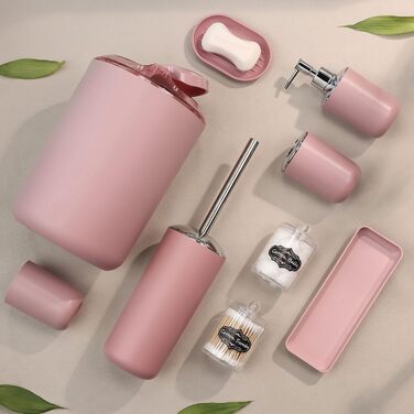 Набір аксесуарів для ванної кімнати IMAVO – 8 предметів (сірий) з відром, дозатором мила, мильницею, тримачем для зубних щіток, тримачем для унітазного йоржика, контейнером для ватних паличок з етикетками (рожевий)