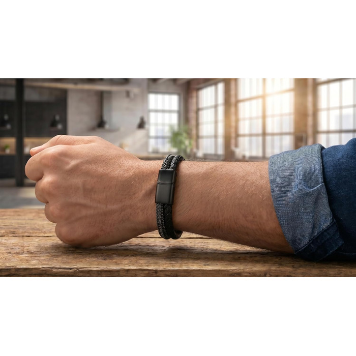 Чоловічий шкіряний браслет Baresi STEEL MB-0022: подвійний шнур, магнітний замок, регульований (19.5-21 см), чорний. З подарунковою упаковкою