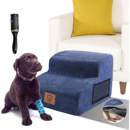 Dog Stairs, Pet Stairs, Foam Dog Stairs, Washable Non-Slip Cat Stairs, Dog Stairs for Small Dogs and Cats, Portable Dog Ramp for Bed, Couch and Car (2-Step Dog Stairs, Blue)