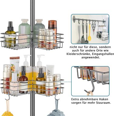FIISAYL Shower Shelf No Drilling Telescopic Shower Rack Metal Corner Shelf Bathroom Shelf with 4 Shower Baskets, Height Adjustable 85-325cm, Suitable for Bathtub, Bathroom and Kitchen, Grey