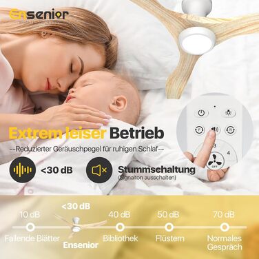 Стельовий вентилятор з освітленням Ensenior, тихий DC-мотор, 6 швидкостей, 3 режими світла, з пультом керування для спальні та вітальні (дерево, 126 см)