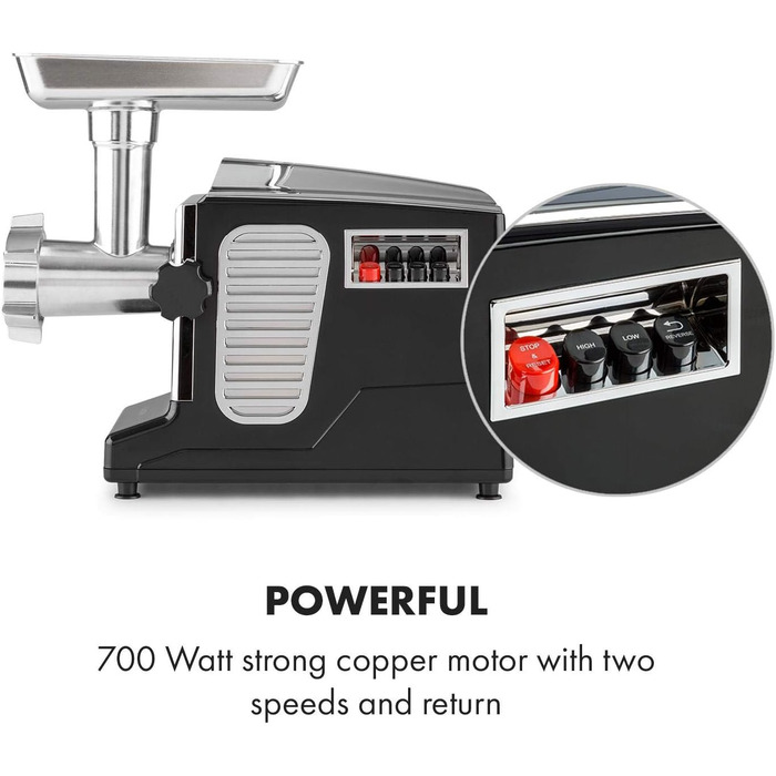 Klarstein Kraftprotz 700W Electric Meat Grinder - Copper Motor, 2 Speed & Reverse, Aluminum Housing, Stainless Steel Blades