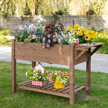 Підвищене грядка Outsunny 123x54x74 см з 8 решітками та складним столиком з масивної деревини у коричневому кольорі для саду та тераси